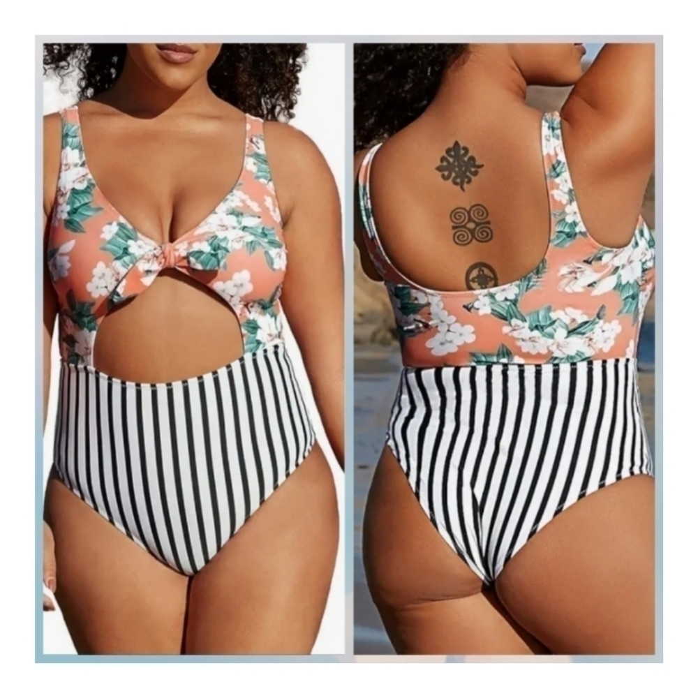 CUPSHE One Piece Swimsuit Floral Print Cutout Knot Bathing Suit Size 0X NWT